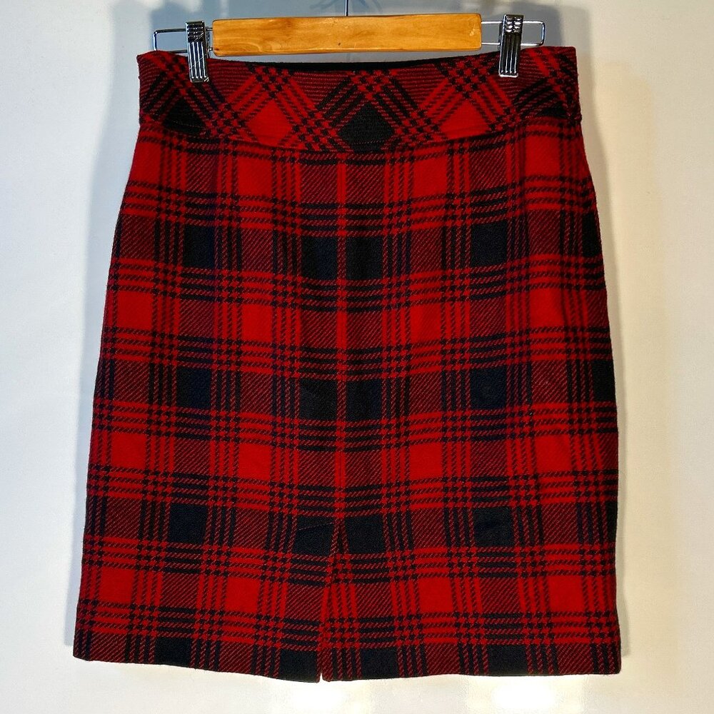 L.L.Bean SZ 6 Red & Black Wool Blend Plaid pencil skirt Career Classic Academia - Picture 4 of 7